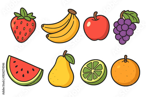 Vibrant collection of cartoon fruits including strawberry, banana, grapes, and citrus