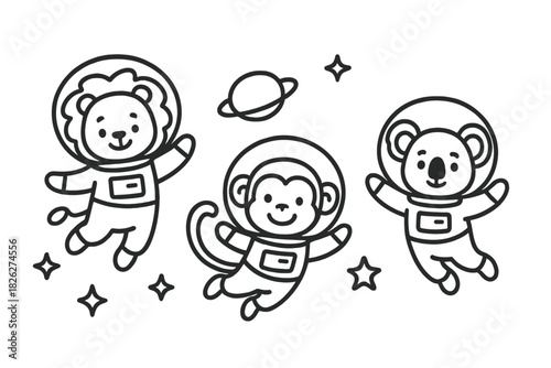 Cute lion, monkey, and koala animals wearing astronaut suits floating in outer space