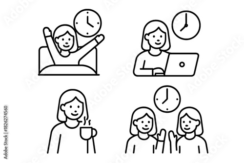 Simple line set showing a woman's daily routine and time management schedule