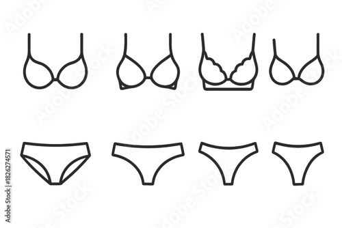 Collection of outline icons featuring various styles of women's bras and underwear garments