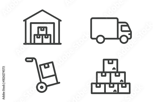 Warehouse storage, shipping truck, hand truck, and stacked boxes for logistics and delivery