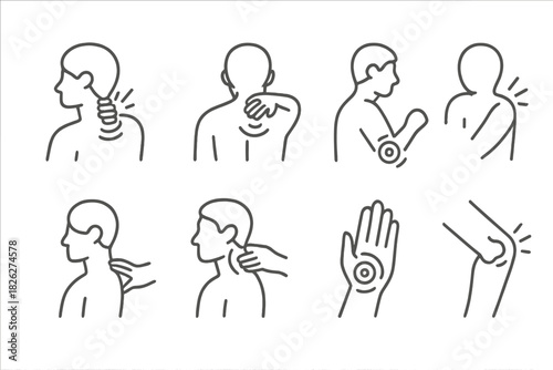 Outline symbols for human body pain, joint injuries, and physical therapy