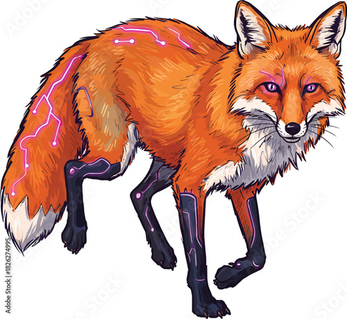 Futuristic red fox with glowing purple cybernetic enhancements and robotic legs.