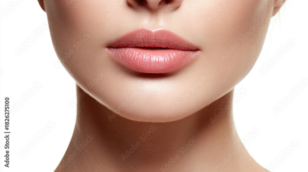 Obraz premium Close-up of a woman's beautiful lips and chin against a white background. the delicate beauty of a woman's lips, highlighting their natural shape and color.