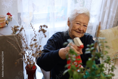 Senior woman watering flowers in her apartment.