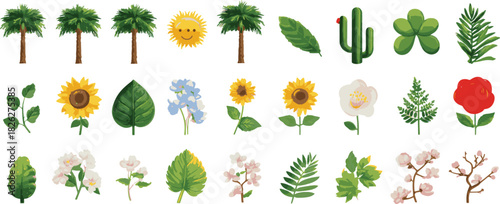 Spring theme emoji set, floral elements such as flowers and plants on transparent background. vector file