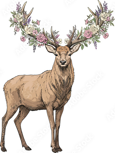 Majestic brown stag with large antlers adorned with beautiful pink and purple floral arrangements.