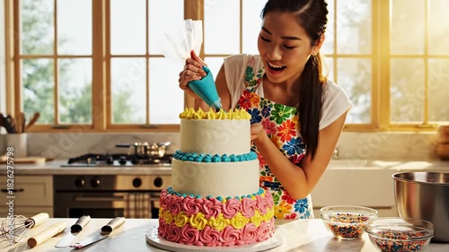 Young Woman Decorating a Multi-Tiered Cake with Frosting.