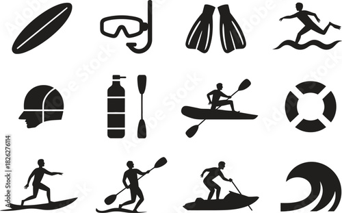 Silhouette Water Sports and Surfing Icons Set. Paddleboard, Surfboard, Kayak, Swimming Vector Illustration