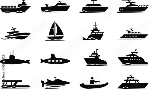 Silhouette Boat and Watercraft Icons Set. Yacht, Sailboat, Submarine, Marine Vector Illustration