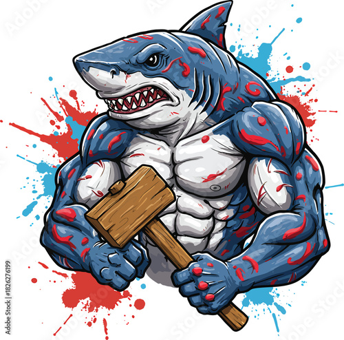 Powerful anthropomorphic shark bodybuilder with an aggressive expression holding a wooden hammer.