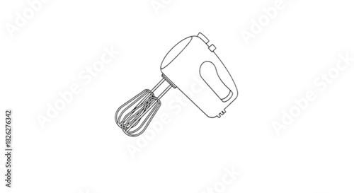 Simple line drawing of a hand mixer with whisk attachments on a white background