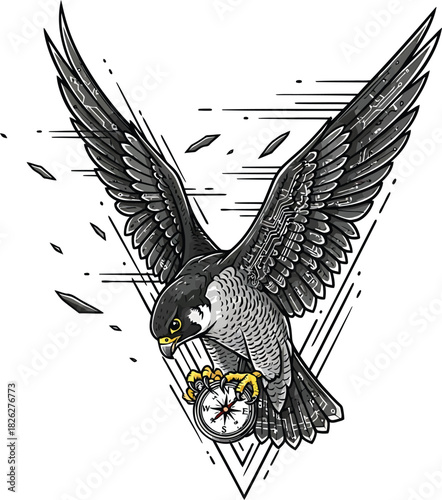 Stylized Peregrine Falcon with Spread Wings Grasping a Golden Navigational Compass.