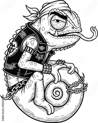 Tough Biker Chameleon Character in a Vest and Bandana Sticking its Tongue Out.