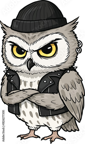 Tough cartoon owl with a stern expression wearing a black beanie leather vest and earrings.