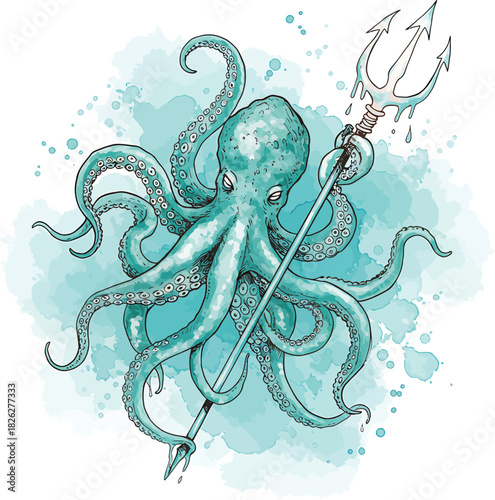 Stylized watercolor illustration of a powerful teal octopus holding a dripping silver trident.