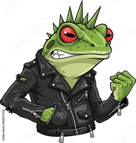 Tough cartoon punk frog with a spiky mohawk red eyes and a black leather biker jacket.