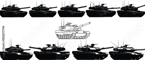 Tank silhouette grid illustration, military vehicle lineup sketch, armored combat design concept, warfare machine vector layout, cad drawing flat vector illustration