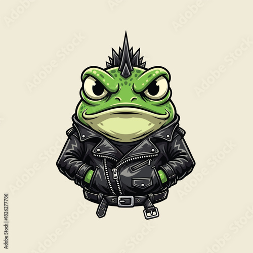 Tough green cartoon frog with a spiky mohawk wearing a black leather biker jacket.