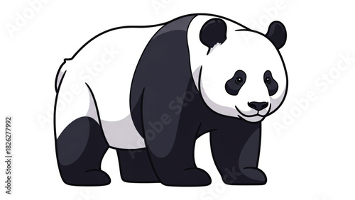 A cartoon illustration of a giant panda standing on a white background.