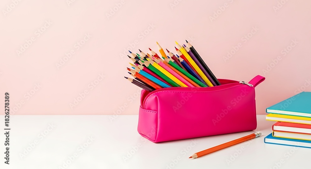 Fototapeta premium Bright pink pencil case filled with colorful pencils and stacked notebooks