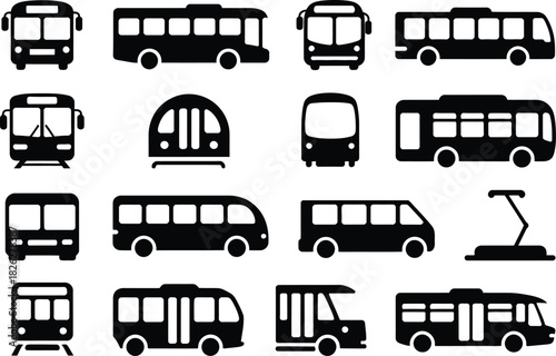 Silhouette Transport Icons Set. Bus, Train, Van, Public Transport, Vehicle Vector Illustration