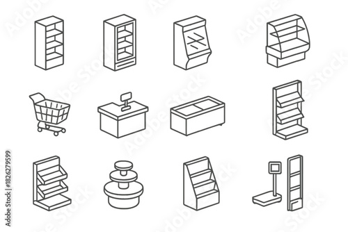 Supermarket and retail store equipment, fixtures, shelving, and display cases