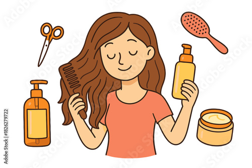 Woman combing long hair surrounded by hair care products and beauty tools for routine maintenance