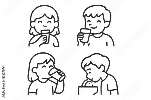 Young children drinking water from glasses and a public fountain for hydration