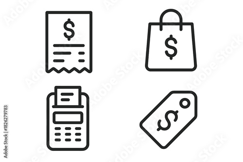 Four outline symbols for commerce and payment: receipt, shopping bag, POS terminal, price tag