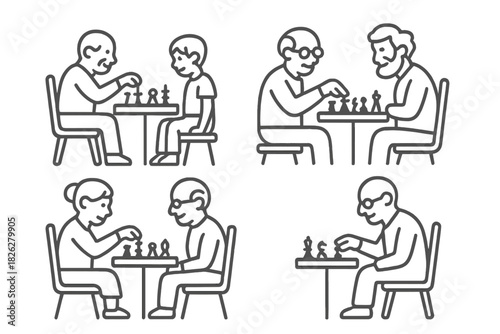 Set of simple line art showing different people playing chess and strategic board games