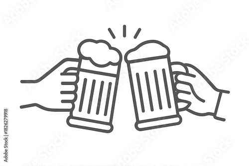 Two people making a celebratory toast by clinking large mugs of foamy beer