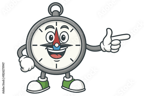 Cheerful cartoon compass character mascot pointing finger to the right side showing guidance