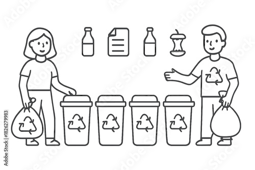 People sorting waste into different recycling bins for environmental protection and sustainability