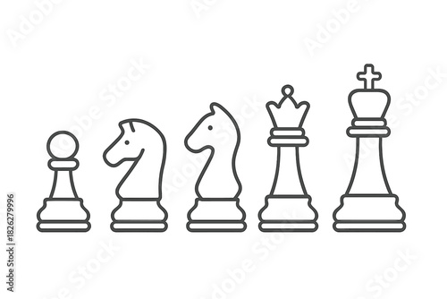 Simple black and white outline chess pieces arranged in a row including king, queen, knight, and pawn