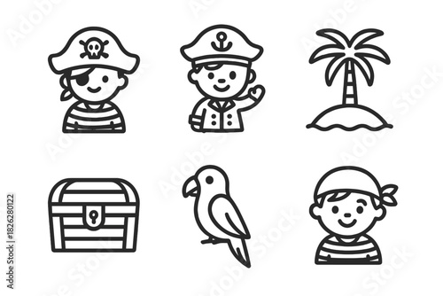 Outline symbols of pirate characters, captain, parrot, treasure chest, and tropical island
