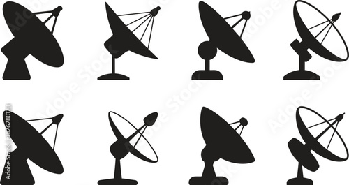 Silhouette Satellite Dish Icons Set. Communication, Technology, Antenna, Network Vector Illustration