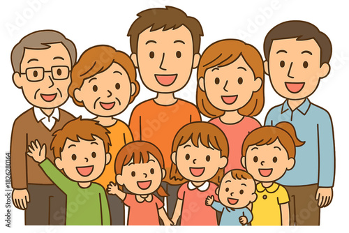 Cheerful multi-generational family portrait standing together on white background