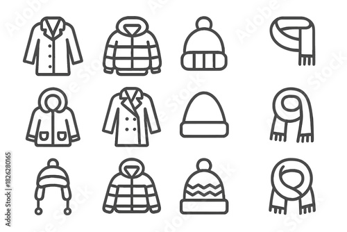 Minimalist black and white symbols representing winter clothing, coats, hats, and scarves