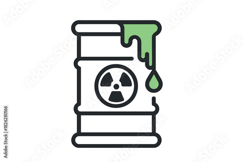 Radioactive waste barrel leaking toxic green sludge symbolizing environmental danger