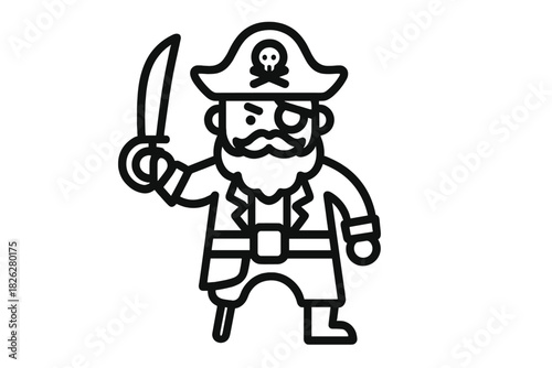 Cartoon pirate character with an eyepatch, beard, and cutlass weapon in simple style
