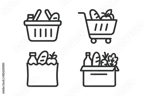 Outline symbols of grocery shopping containers: basket, cart, bag, and delivery box