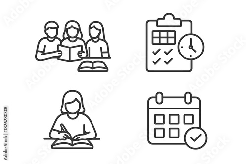 Educational process and time management icons set including study group, student writing, checklist, and calendar schedule