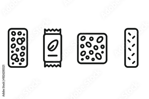 Four healthy snack bar designs showing wrapped and unwrapped energy and protein food items