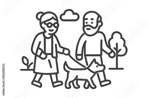 Happy senior couple walking their small dog on a leash in an outdoor park