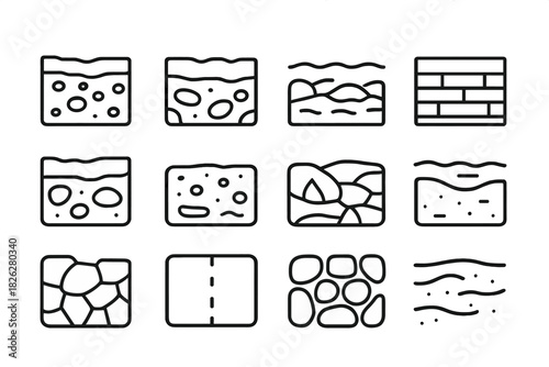Line icons depicting various ground surfaces, soil layers, and construction materials