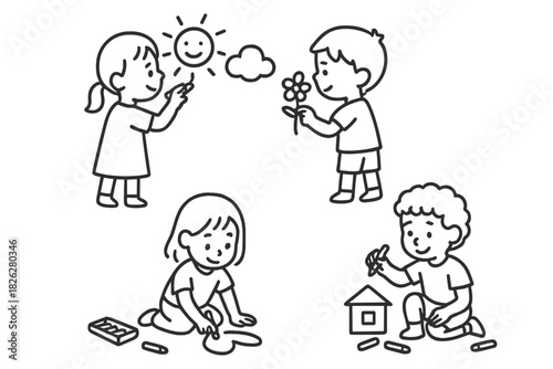 Diverse young children drawing pictures with crayons and chalk during creative playtime