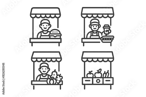 Various street market vendors selling fast food, drinks, and fresh produce