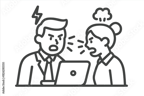 Two angry business colleagues arguing loudly over a laptop during a serious workplace conflict