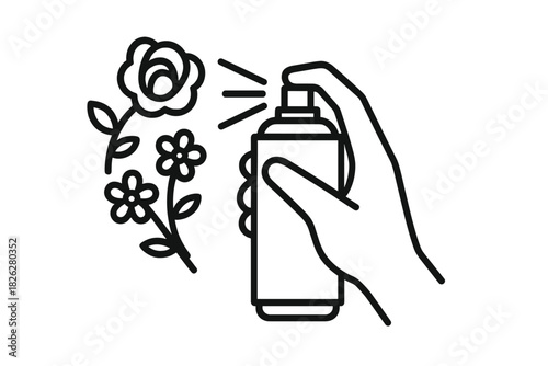 Human hand holding aerosol spray can treating flowers for gardening or pest control